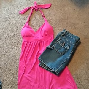 Sundress and jean skirt.